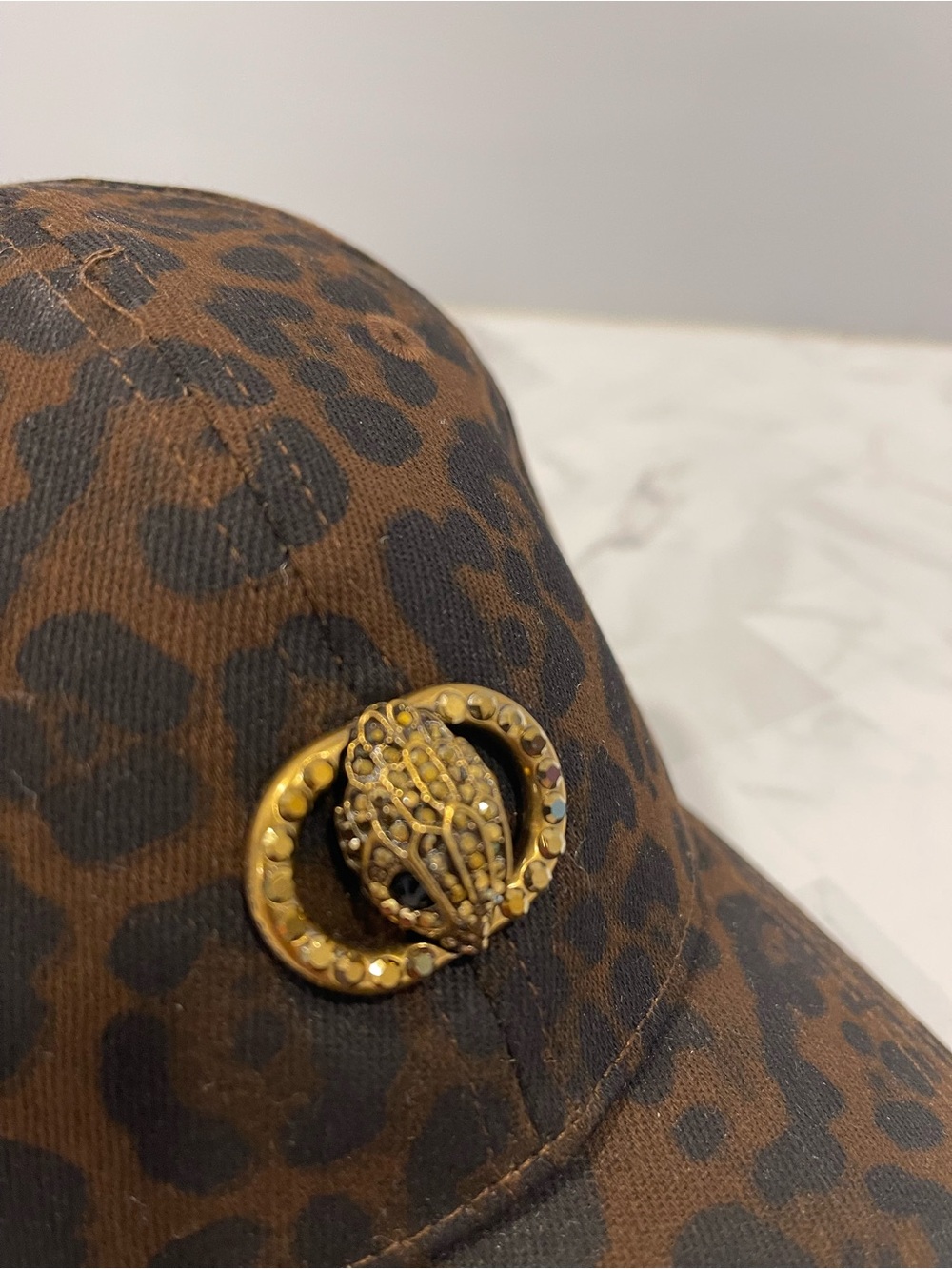 Kurt Geiger Leopard Print Brown and Black Ball Cap with Rhinestone’s/Gold Emblem - Picture 4 of 12
